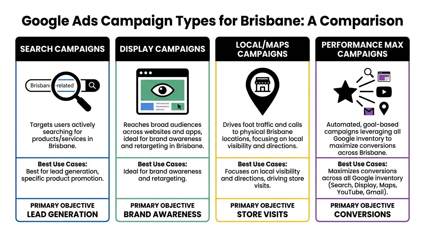 A comparison chart outlining different Google Ads campaign types used for marketing businesses in Brisbane city.
