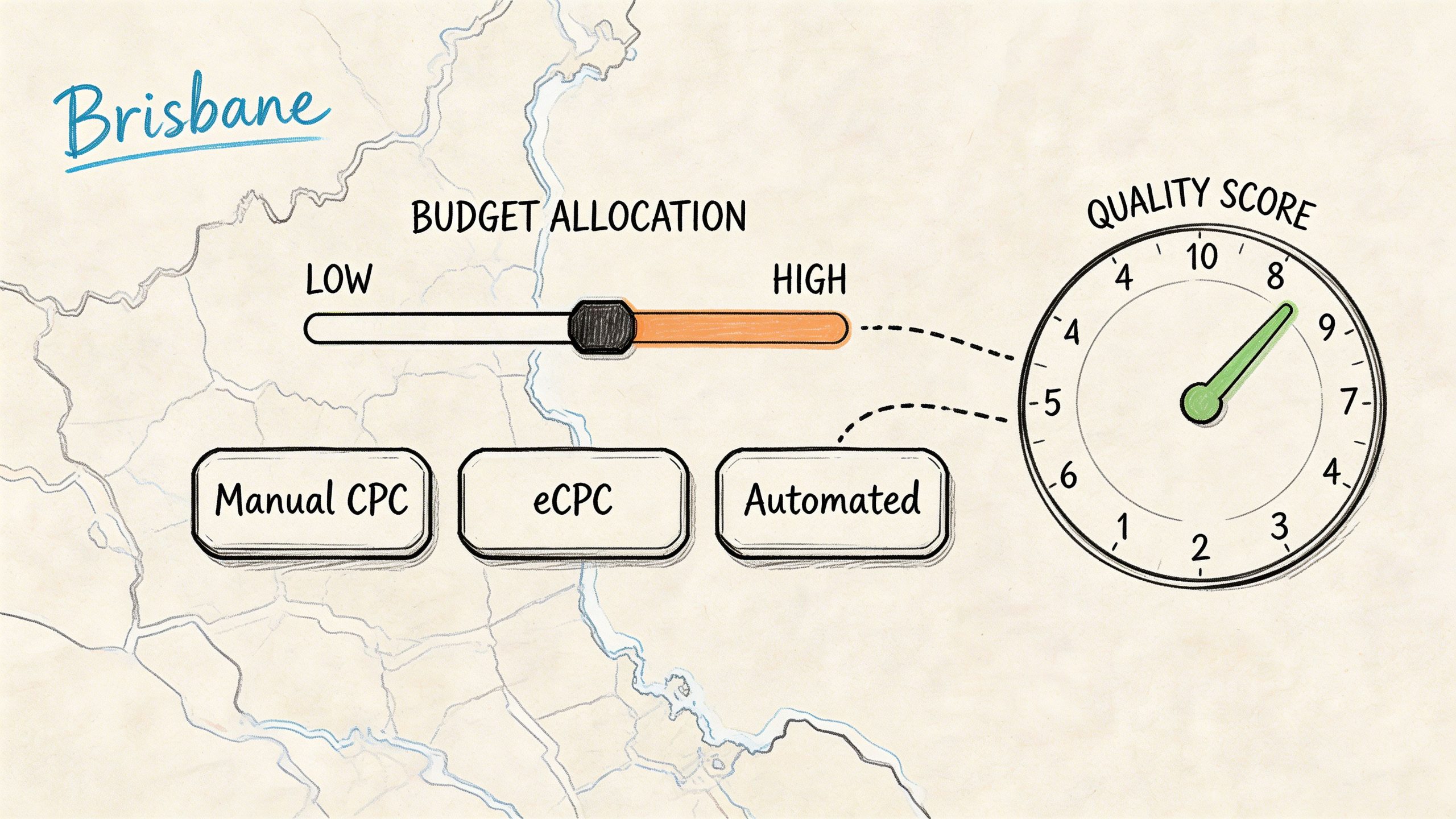 A diagram illustrating the relationship between budget allocation, bidding strategies, and Google Ads quality score in Brisbane.