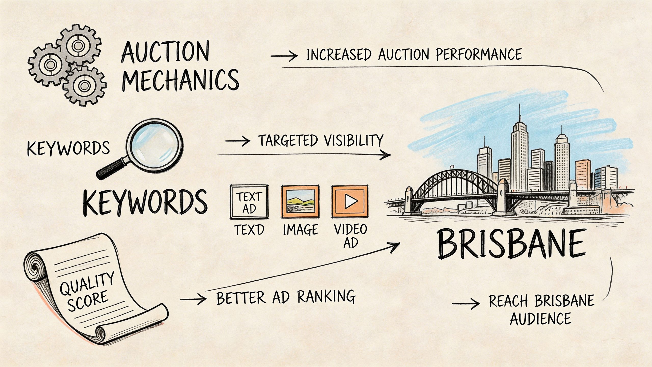 A conceptual diagram illustrating how Google Ads strategies help businesses effectively target and reach audiences in Brisbane.
